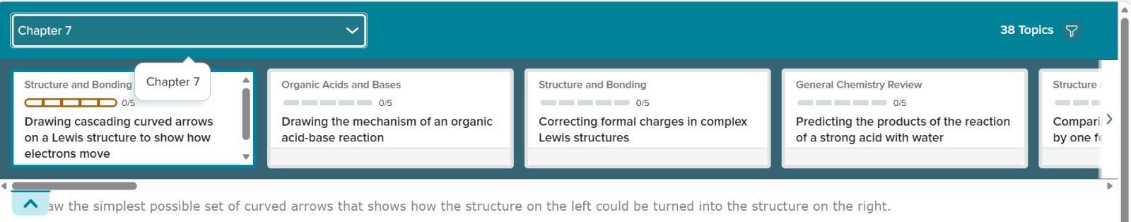 ALEKS Chapter 7 topics dropdown showing Structure and Bonding, Organic Acids and Bases, formal charges, and General Chemistry Review topics — 38 Topics total.