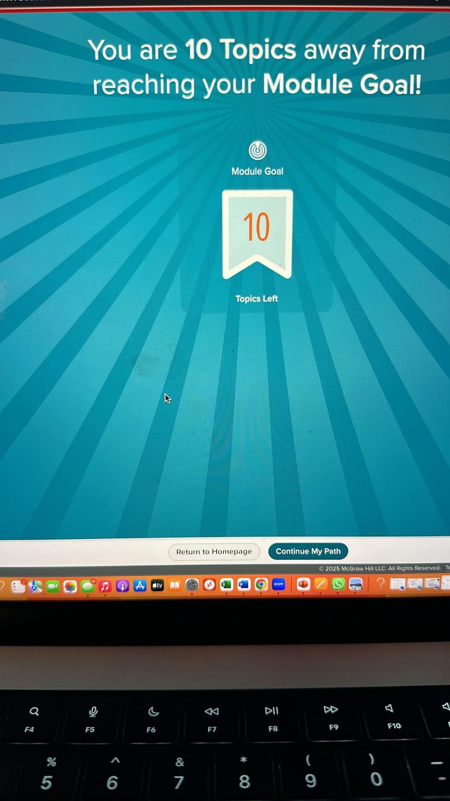 ALEKS Module Goal screen — You are 10 Topics away from reaching your Module Goal! © 2025 McGraw Hill LLC.