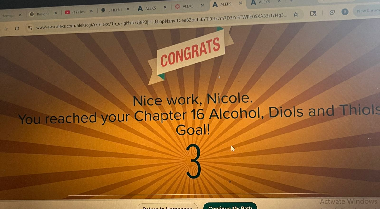 ALEKS Congrats screen — Nice work, Nicole. You reached your Chapter 16 Alcohol, Diols and Thiols Goal! 3 Topics Completed.