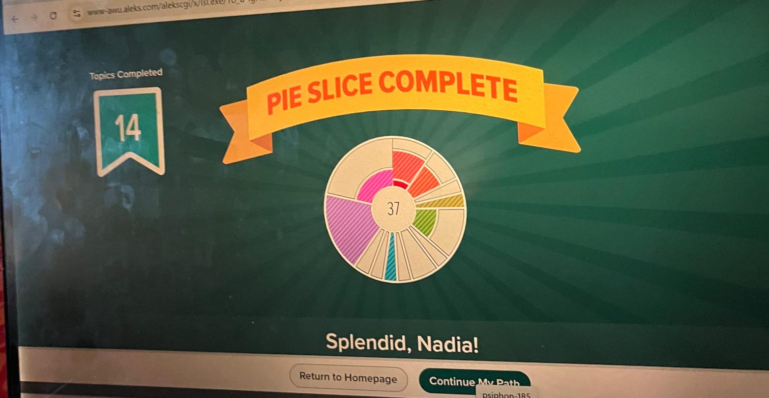 ALEKS Pie Slice Complete — Splendid, Nadia! 14 Topics Completed, 37 in the ALEKS pie chart.