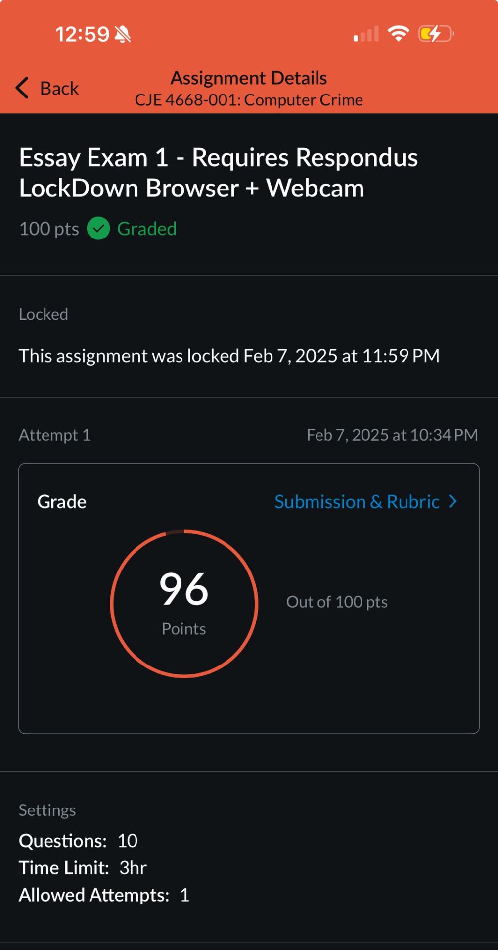 CJE4668 Computer Crime Essay Exam 1 graded 96 out of 100 points — proof of A grade